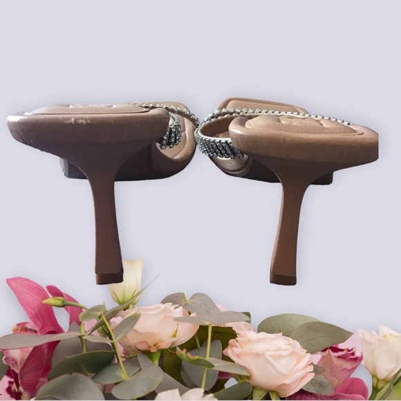 ZARA Slides 2 Strap Open Toe Silver Rhinestones 3” Heel - Picture 5 of 8